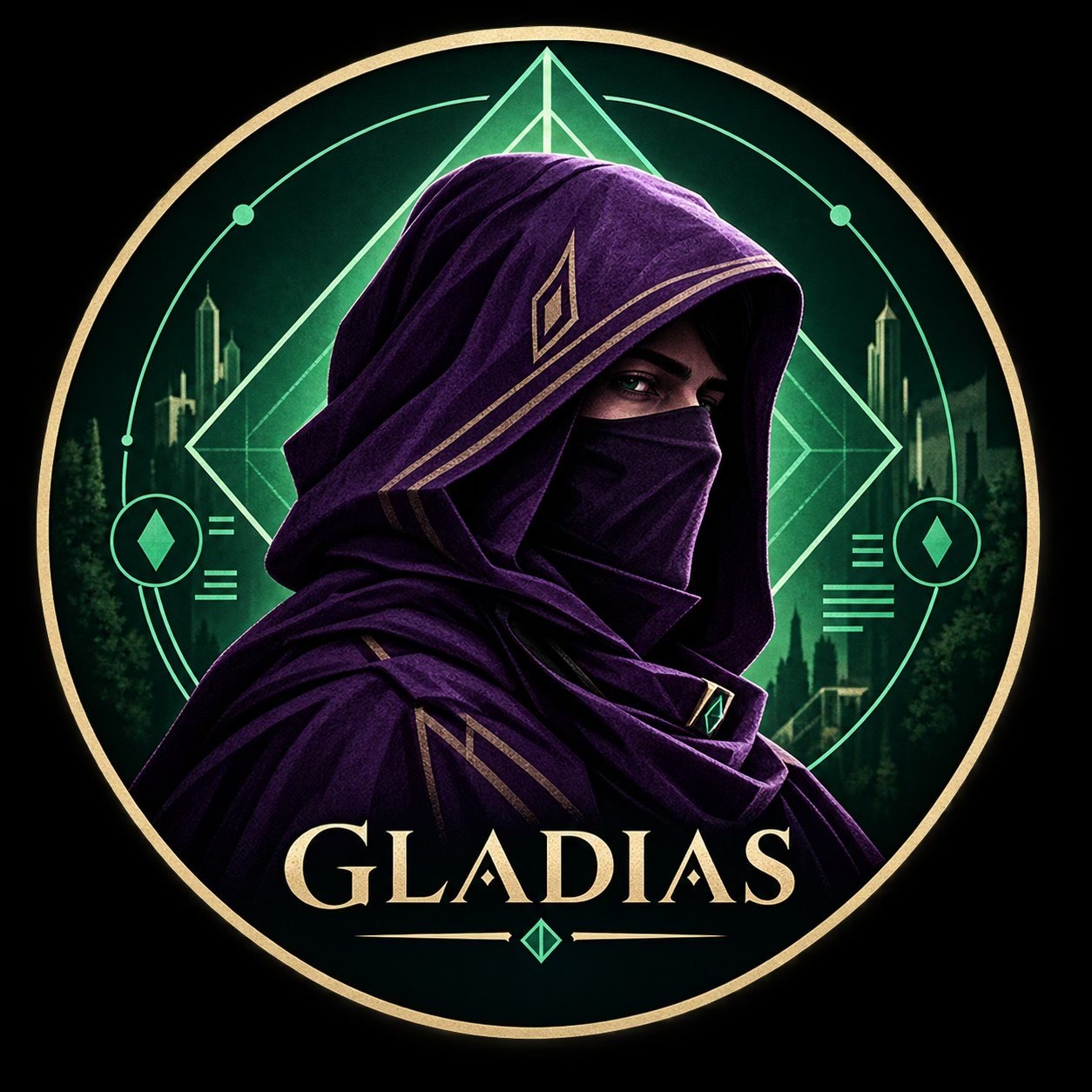 Community interpretation of Gladias: a purple hood and face cover, with emerald geometric forms behind him.